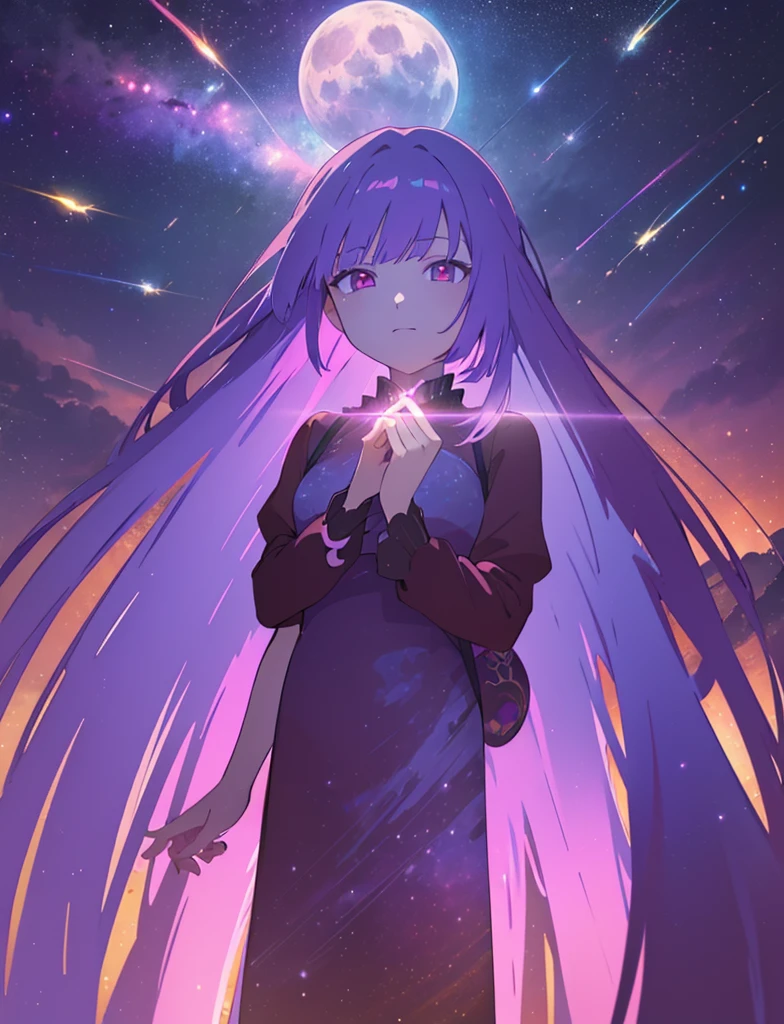 One girl, Beautiful and fine details, Long purple hair, Pale red eyes, Princess Dress, Glowing Skin, resolution, (Anime Style:1.6)High Contrast, ((Mastepiece, Highest quality))Vast landscape photography, (View from below with views of the sky and wilderness below), Girl looking up, (full moon: 1.2), (shooting star: 0.9), (nebula: 1.3), Distant Mountain, Treebreak Production Art, (Warm light source: 1.2), (fire Fly: 1.2), Purple and Orange, Intricate details, Volumetric Lighting, Realism Break (Mastepiece: 1.2) (Highest quality), 4K, Super detailed, (Dynamic Configuration: 1.4), Extremely detailed and colorful, (Iridescent colors: 1.2), (Brilliant lighting, Ambient lighting), dream-like, Magic, (alone: 1.5) Perfect Fingers
