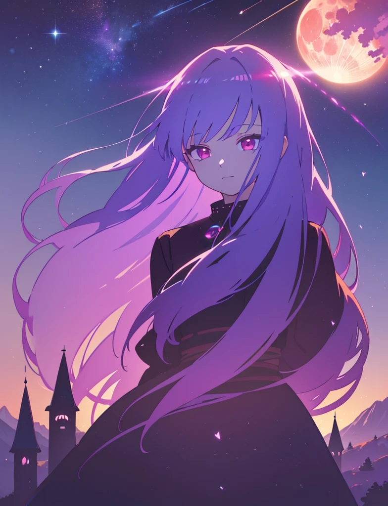 One girl, Beautiful and fine details, Long purple hair, Pale red eyes, Princess Dress, Glowing Skin, resolution, (Anime Style:1.6)High Contrast, ((Mastepiece, Highest quality))Vast landscape photography, (View from below with views of the sky and wilderness below), Girl looking up, (full moon: 1.2), (shooting star: 0.9), (nebula: 1.3), Distant Mountain, Treebreak Production Art, (Warm light source: 1.2), (fire Fly: 1.2), Purple and Orange, Intricate details, Volumetric Lighting, Realism Break (Mastepiece: 1.2) (Highest quality), 4K, Super detailed, (Dynamic Configuration: 1.4), Extremely detailed and colorful, (Iridescent colors: 1.2), (Brilliant lighting, Ambient lighting), dream-like, Magic, (alone: 1.5) Perfect Fingers