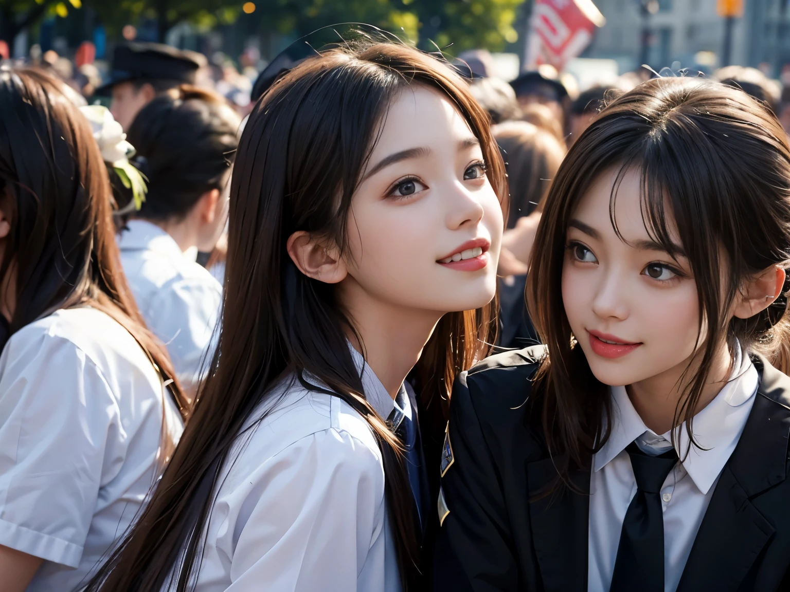 masterpiece, best quality, 2girls, kissing, smile, from side, outside, In front of a large crowd of men and women wearing uniforms