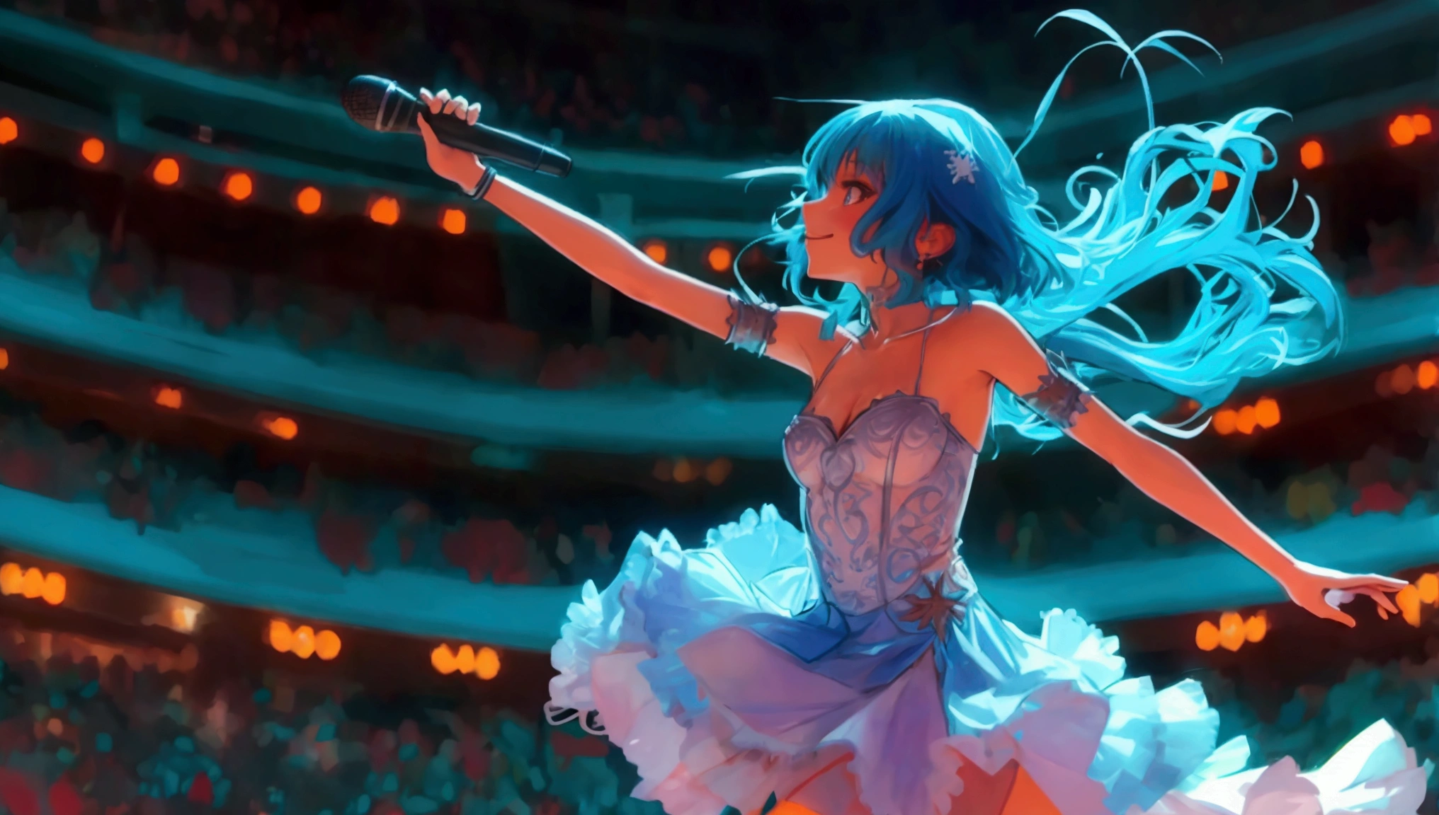 Animated woman with blue-green hair, arena, live music venue, singing, microphone, jumping,
break
Animation style, anime style, young anime woman, smiling, semi short hair, digital anime illustration, bangs, crystal hair, shiny hair 
break
White Dress, Snowflake Earrings, Serious, Shining, Reflective Light, ((Flat Breasts)),. 