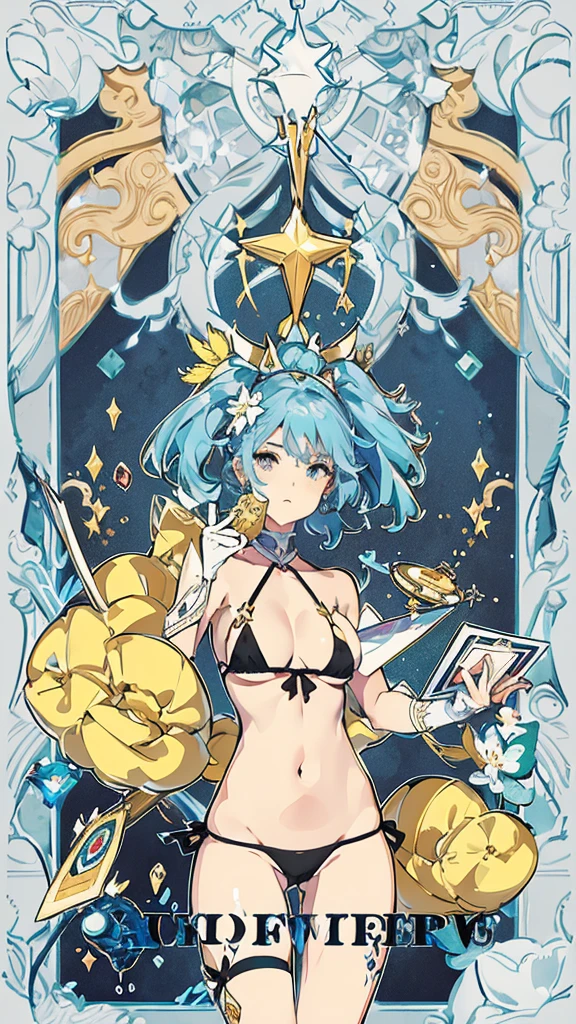 Aries、tarot cards,Hands together,Vulcan salute,attention, There is a halo behind the head,finely_detailed, perfect_Body, perfect_Eye, perfect_Face, perfect_finger,Yu-Gi-Oh card game style、(((Voluminous breasts 1.8)))、(((micro bikini 1.4)))、(Saggy breasts 1.4)、(Cleavage 1.4),Seductive pose、Random Pause、cowboy shot、
(The Aries symbol is depicted on the card frame 1.3)、Three-dimensional depiction that seems to emerge from the card, ultra-detailed depiction, artistic、A pose that makes it seem as if the person is coming out of the card、The card frames are drawn in super-beautiful detail, perfect anatomy, perfect fingers, super beautiful faces, stunning beauties aged  to 30、Greek mythology sculpture style background、Super beautiful eyes, and the card frame features illustrations of the moon, sun, stars, and golden coins、The card frame features an illustration of a sword and shield、Card colors are random、Depicts the symbol of Aries、Write the letter Aries、Write Aries on the top of the tarot card.May the person who sees the tarot card be happy、Write the word "Aries" in embossed letters on the tarot card、Magic wand, spear, bow and arrow, guitar, fire, water, earth, wind, dagger, pen, sword, crossbow, large shield, gloves, fishnet stockings、Flowers, leaves, good luck, four leaf clover、Scattering jewels、Diamond, ruby, sapphire, topaz, blue sapphire, pearl, crystal,Aries sign tattoo on body、Random hair color、Rainbow, red, blue, orange, yellow, purple, green, gold, Silver, light blue, brown, white, yellow-green, navy blue, pink,Her hair is blue、Golden Hair