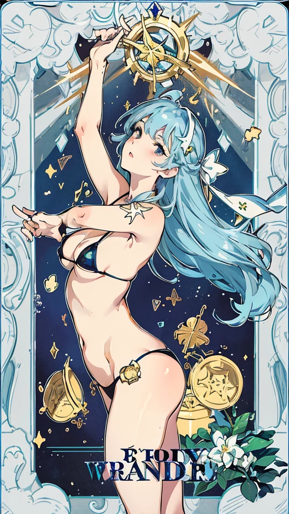 Aries、tarot cards,Hands together,Vulcan salute,attention, There is a halo behind the head,finely_detailed, perfect_Body, perfect_Eye, perfect_Face, perfect_finger,Yu-Gi-Oh card game style、(((Voluminous breasts 1.8)))、(((micro bikini 1.4)))、(Saggy breasts 1.4)、(Cleavage 1.4),Seductive pose、Random Pause、cowboy shot、
(The Aries symbol is depicted on the card frame 1.3)、Three-dimensional depiction that seems to emerge from the card, ultra-detailed depiction, artistic、A pose that makes it seem as if the person is coming out of the card、The card frames are drawn in super-beautiful detail, perfect anatomy, perfect fingers, super beautiful faces, stunning beauties aged  to 30、Greek mythology sculpture style background、Super beautiful eyes, and the card frame features illustrations of the moon, sun, stars, and golden coins、The card frame features an illustration of a sword and shield、Card colors are random、Depicts the symbol of Aries、Write the letter Aries、Write Aries on the top of the tarot card.May the person who sees the tarot card be happy、Write the word "Aries" in embossed letters on the tarot card、Magic wand, spear, bow and arrow, guitar, fire, water, earth, wind, dagger, pen, sword, crossbow, large shield, gloves, fishnet stockings、Flowers, leaves, good luck, four leaf clover、Scattering jewels、Diamond, ruby, sapphire, topaz, blue sapphire, pearl, crystal,Aries sign tattoo on body、Random hair color、Rainbow, red, blue, orange, yellow, purple, green, gold, Silver, light blue, brown, white, yellow-green, navy blue, pink,Her hair is blue、Golden Hair