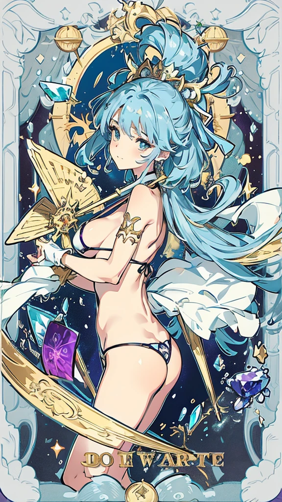 Aries、tarot cards,Hands together,Vulcan salute,attention, There is a halo behind the head,finely_detailed, perfect_Body, perfect_Eye, perfect_Face, perfect_finger,Yu-Gi-Oh card game style、(((Voluminous breasts 1.8)))、(((micro bikini 1.4)))、(Saggy breasts 1.4)、(Cleavage 1.4),Seductive pose、Random Pause、cowboy shot、
(The Aries symbol is depicted on the card frame 1.3)、Three-dimensional depiction that seems to emerge from the card, ultra-detailed depiction, artistic、A pose that makes it seem as if the person is coming out of the card、The card frames are drawn in super-beautiful detail, perfect anatomy, perfect fingers, super beautiful faces, stunning beauties aged 16 to 30、Greek mythology sculpture style background、Super beautiful eyes, and the card frame features illustrations of the moon, sun, stars, and golden coins、The card frame features an illustration of a sword and shield、Card colors are random、Depicts the symbol of Aries、Write the letter Aries、Write Aries on the top of the tarot card.May the person who sees the tarot card be happy、Write the word "Aries" in embossed letters on the tarot card、Magic wand, spear, bow and arrow, guitar, fire, water, earth, wind, dagger, pen, sword, crossbow, large shield, gloves, fishnet stockings、Flowers, leaves, good luck, four leaf clover、Scattering jewels、Diamond, ruby, sapphire, topaz, blue sapphire, pearl, crystal,Aries sign tattoo on body、Random hair color、Rainbow, red, blue, orange, yellow, purple, green, gold, Silver, light blue, brown, white, yellow-green, navy blue, pink,Her hair is blue、Golden Hair