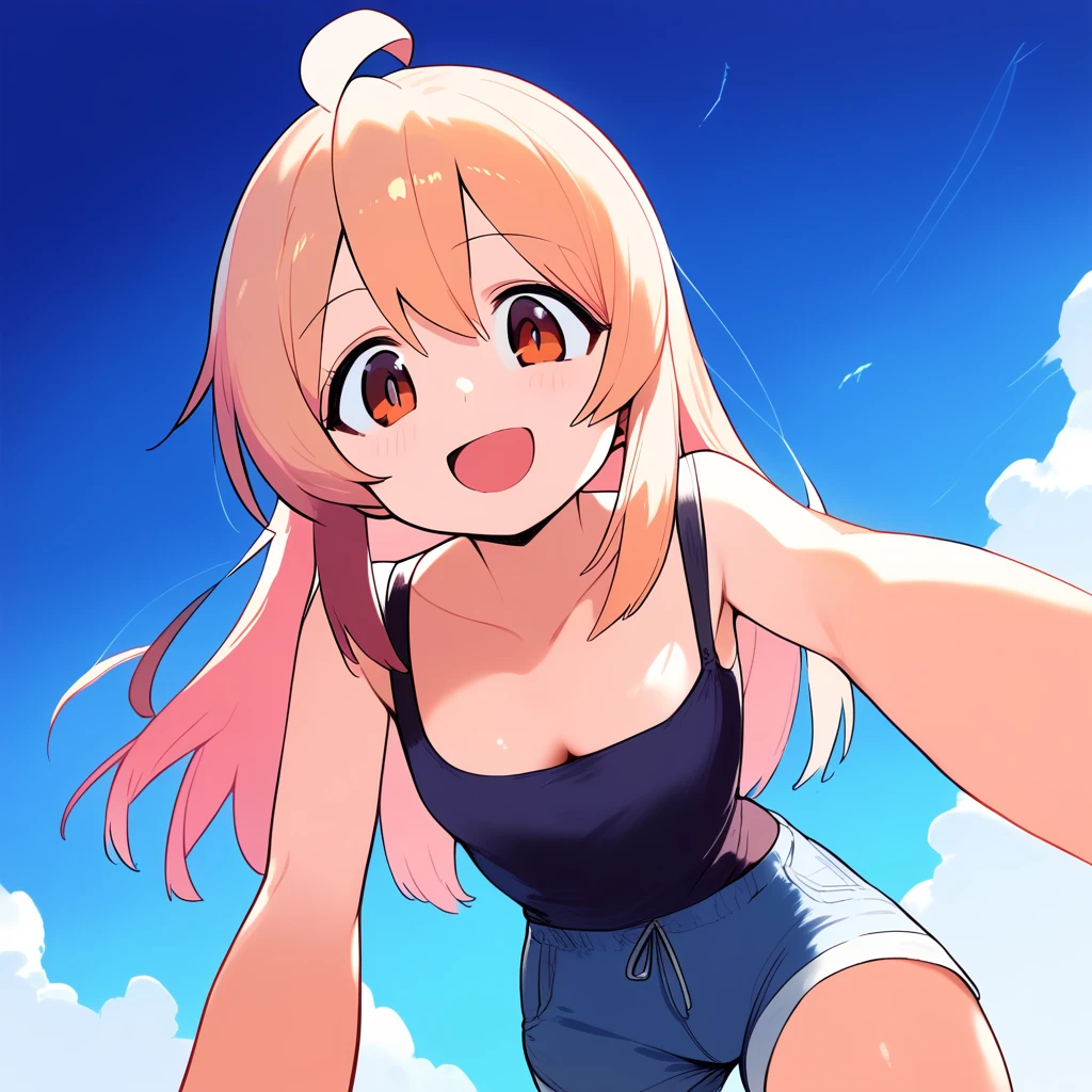 1girl, ultra high res, shorts, smile, open mouth, large chest, cleavage,  perspective is from below, girl is looking down at viewer,