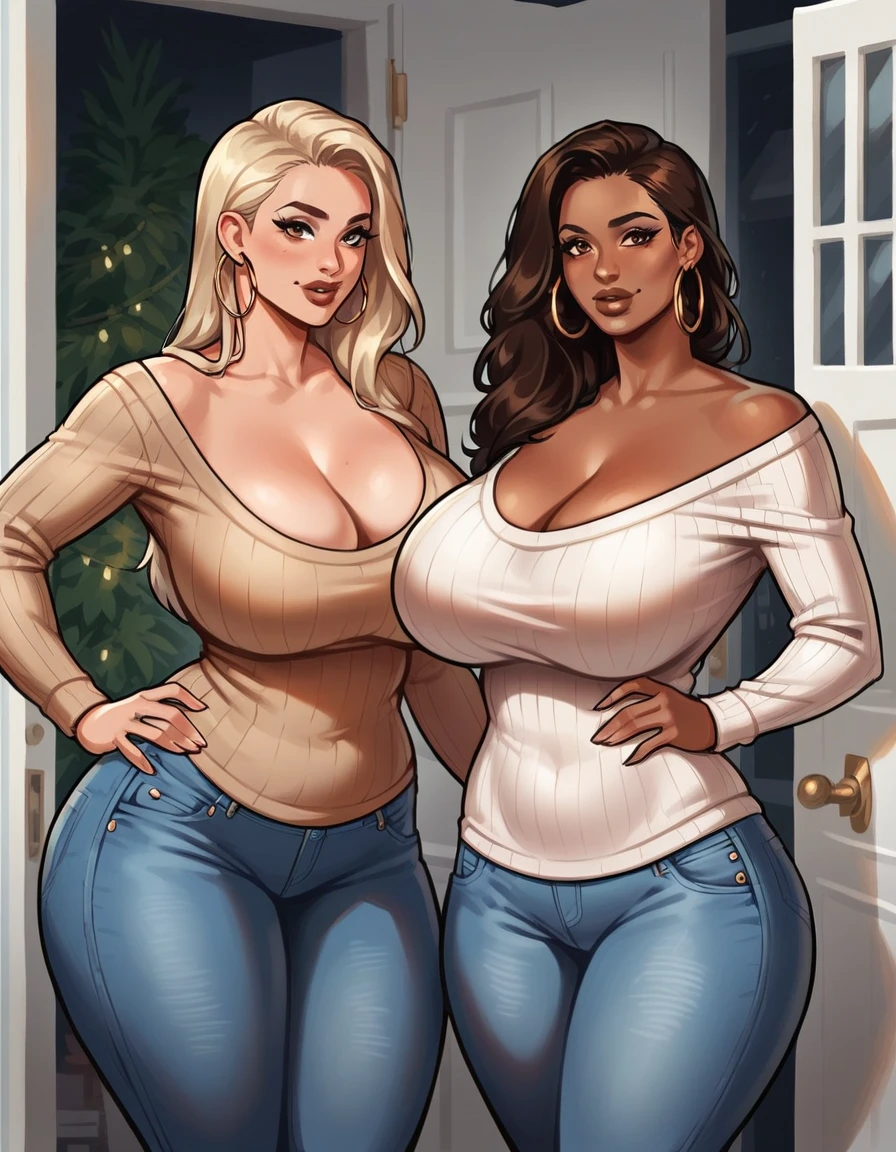 uploaded e621, score_9, score_8_up, score_7_up, score_6_up, score_5_up, score_4_up, rating_safe, smooth, source_furry, {realistic}, taller than the door, 11ft tall:1.4, mature female, HUMAN, (DARK SKIN:1.2), countershading, huge breasts, {{{long dark brown hair, blonde highlights}}}, jeans, sweater, cleavage, brown lips, hazel eyes, wide hips, extra thicc, standing, {{hispanic, latina}}, hoop ear ring, by roly, by joelasko, by einshelm,