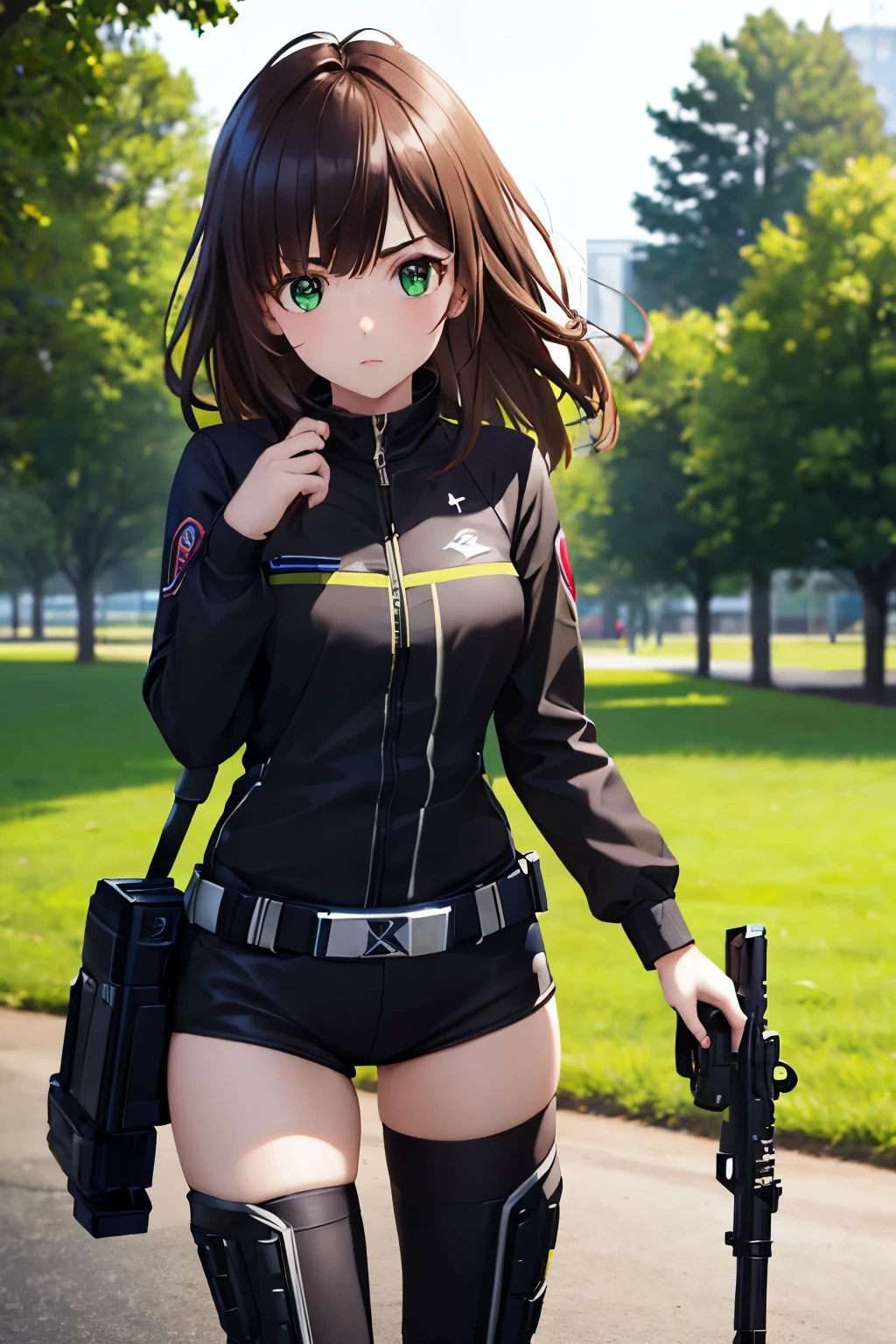 1girl, solo,Black power ranger costume, holding a gun,Brown hair, green eyes, long hair,, looking at viewer, walking in the park, (extremely detailed CG unity 8k wallpaper,masterpiece, best quality, ultra-detailed),half body photo 