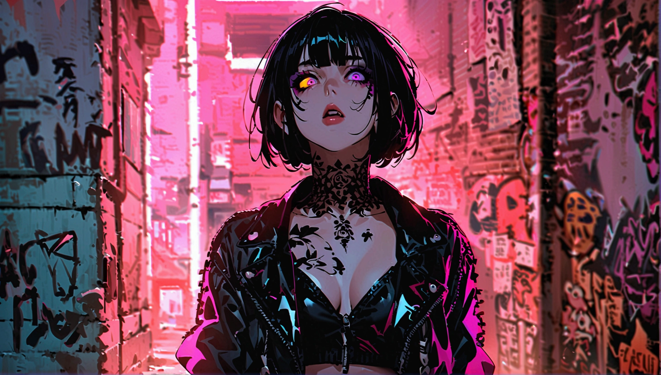 Bobcut、Black Hair、blunt bangs、PC in the room、Horizontal composition、Step Piece, Best Quality, Best Illustration, Ultra-detailed,girl, pinkrose long hair, crazy baddie girl, Cool Black Open Short Jacket, neck tattoo, Messy Fade Cut Hair, Side braided hair,Crazy, standing with an eerie feeling, abandond street graffiti wall background,knee high socks, quirky sneakers, Eyeshadow on the eyes,unusual colored eyes, Eyes of fear, vivid eyes, cool shot