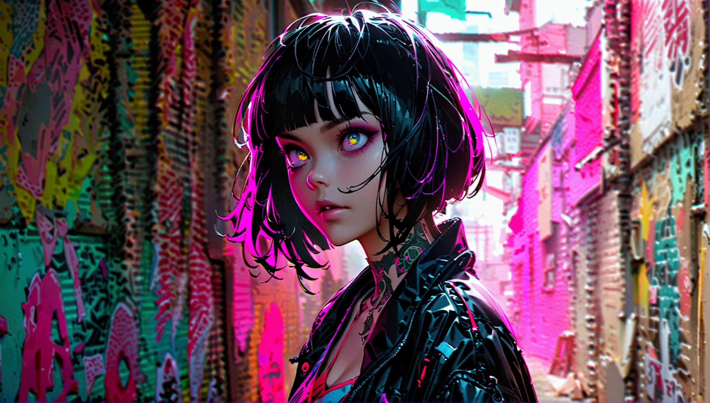 Bobcut、Black Hair、blunt bangs、PC in the room、Horizontal composition、Step Piece, Best Quality, Best Illustration, Ultra-detailed,girl, pinkrose long hair, crazy baddie girl, Cool Black Open Short Jacket, neck tattoo, Messy Fade Cut Hair, Side braided hair,Crazy, standing with an eerie feeling, abandond street graffiti wall background,knee high socks, quirky sneakers, Eyeshadow on the eyes,unusual colored eyes, Eyes of fear, vivid eyes, cool shot
