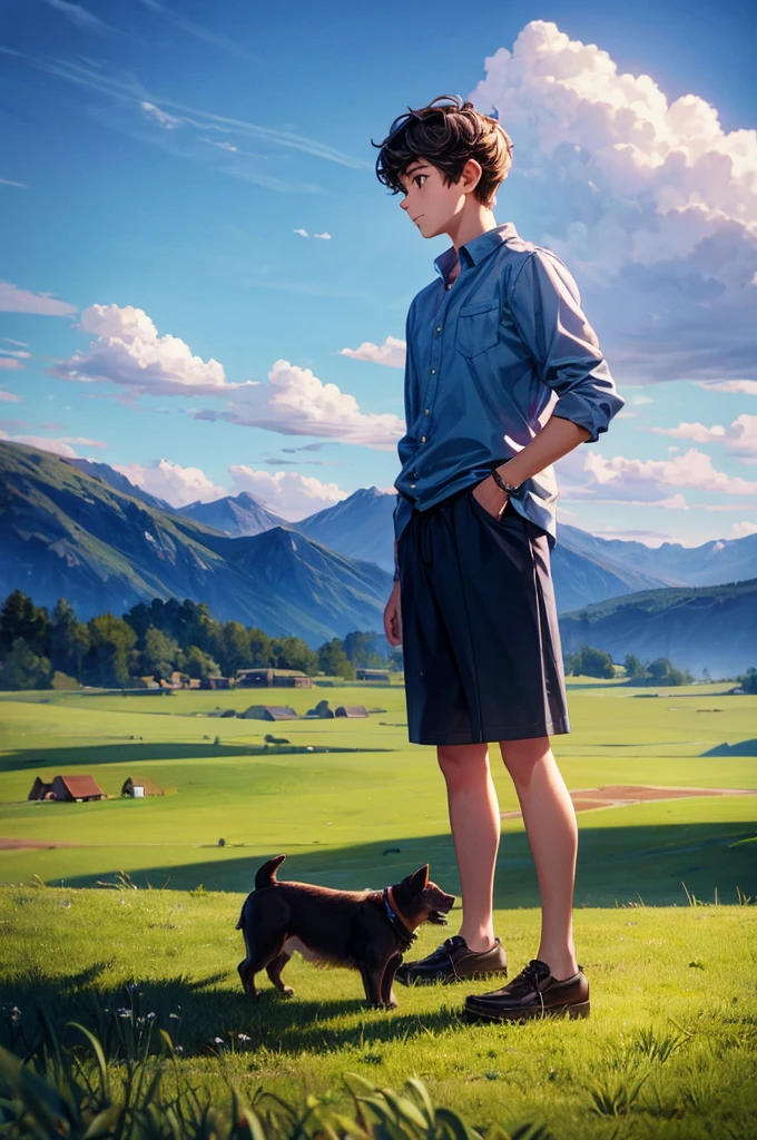 a boy standing on grass landscape with dog watching beautiful huge sky in front of him, detailed boy, detailed dog, detailed sky, detailed grass, best quality, highly detailed, masterpiece, 8k scene.