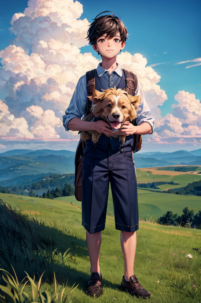 a boy standing on grass landscape with dog watching beautiful huge sky in front of him, detailed boy, detailed dog, detailed sky, detailed grass, best quality, highly detailed, masterpiece, 8k scene.