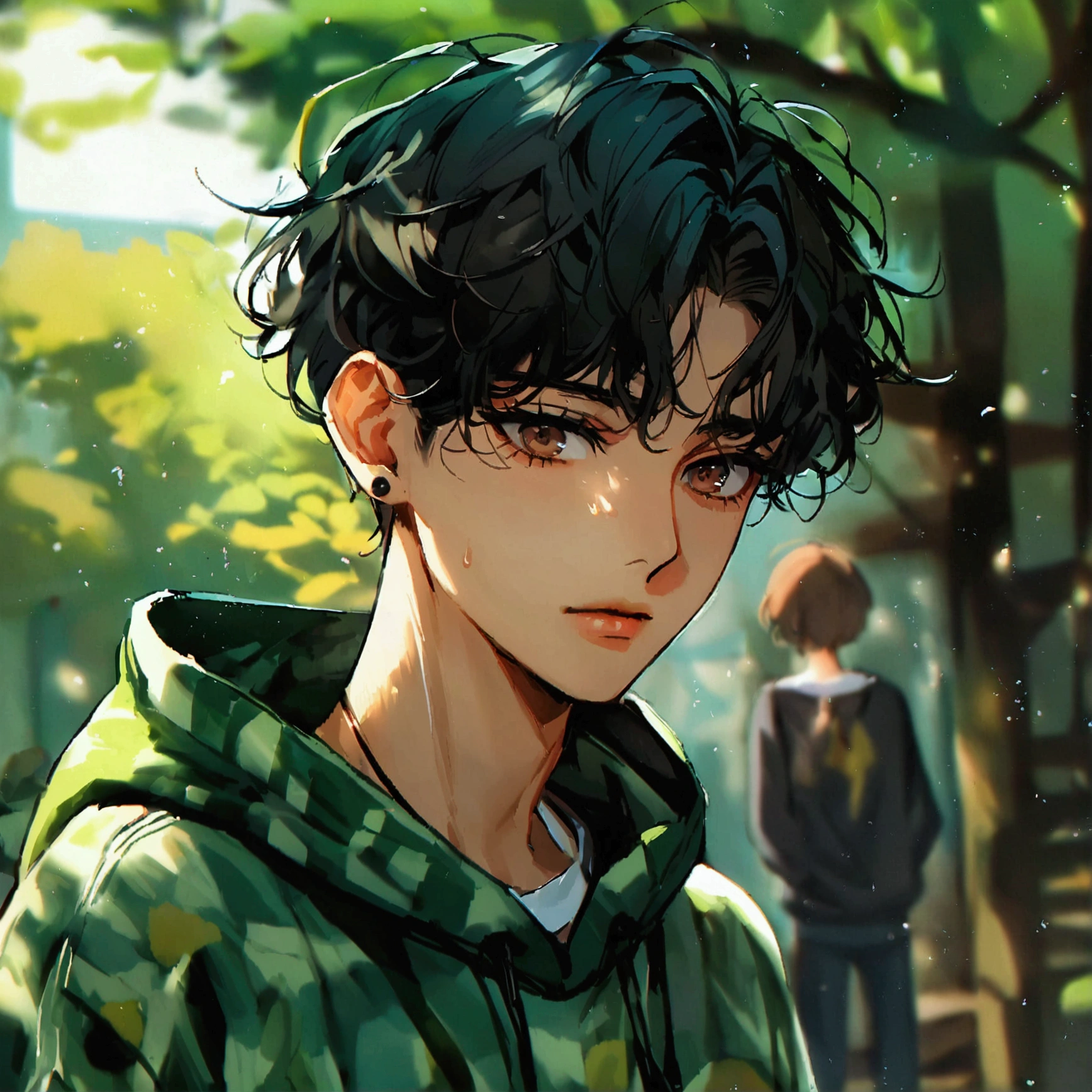  18 year old with dark brown eyes, green wavy long hair,1,64 tall, wearing a sweatshirt set with your boyfriend,menino de black short hair,1,80 tall,wearing hugging sweatshirt set