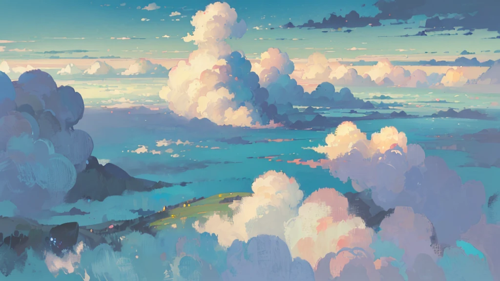(masterpiece, highest quality:1.2), highest quality, masterpiece, high resolution, anime style, landscape, ultra detailed, nostalgic scene, landscape illustration, realistic, wide open sky, summer sky, verdant sky, ambiguous boundaries, impressionists art, looking down from above, ((beautiful cumulonimbus clouds, contrast between clouds and sky))