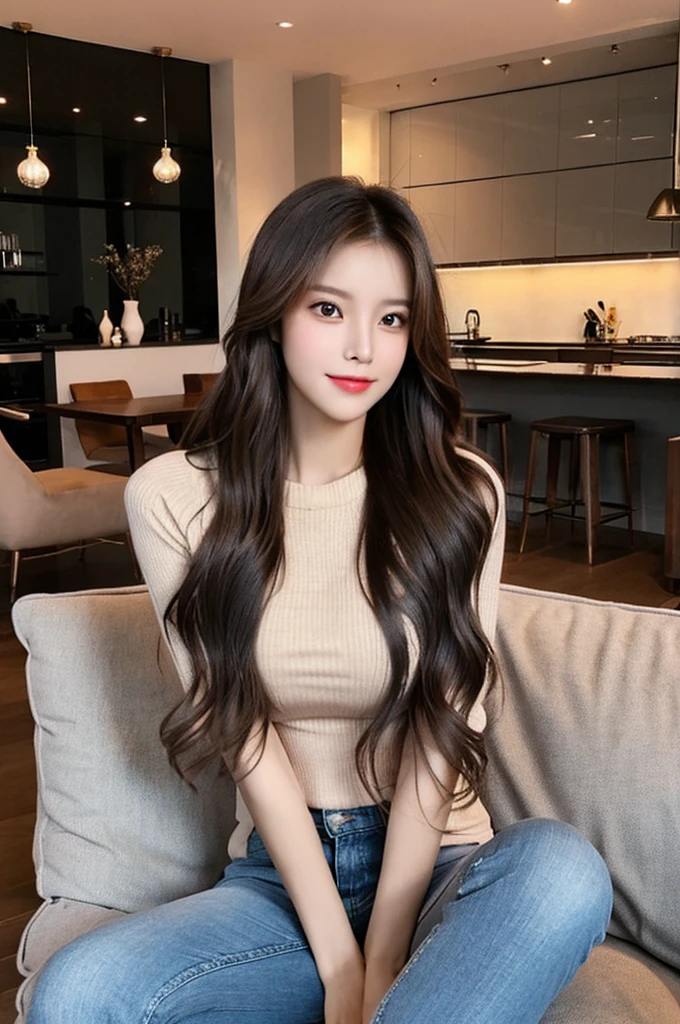 Generate an image of a stunning 20-year-old Asian woman with beauty akin to a goddess of the fire element. She has big brown eyes, dark brown hair, glowing skin, and an attractive appearance. She is wearing a beautiful top paired with blue skinny jeans. The woman is sitting sweetly on a living room sofa, her posture relaxed and inviting, surrounded by cozy and elegant decor.