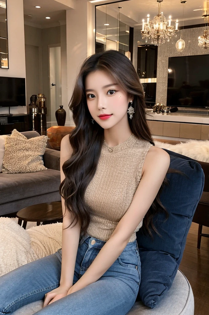 Generate an image of a stunning 20-year-old Asian woman with beauty akin to a goddess of the fire element. She has big brown eyes, dark brown hair, glowing skin, and an attractive appearance. She is wearing a beautiful top paired with blue skinny jeans. The woman is sitting sweetly on a living room sofa, her posture relaxed and inviting, surrounded by cozy and elegant decor.