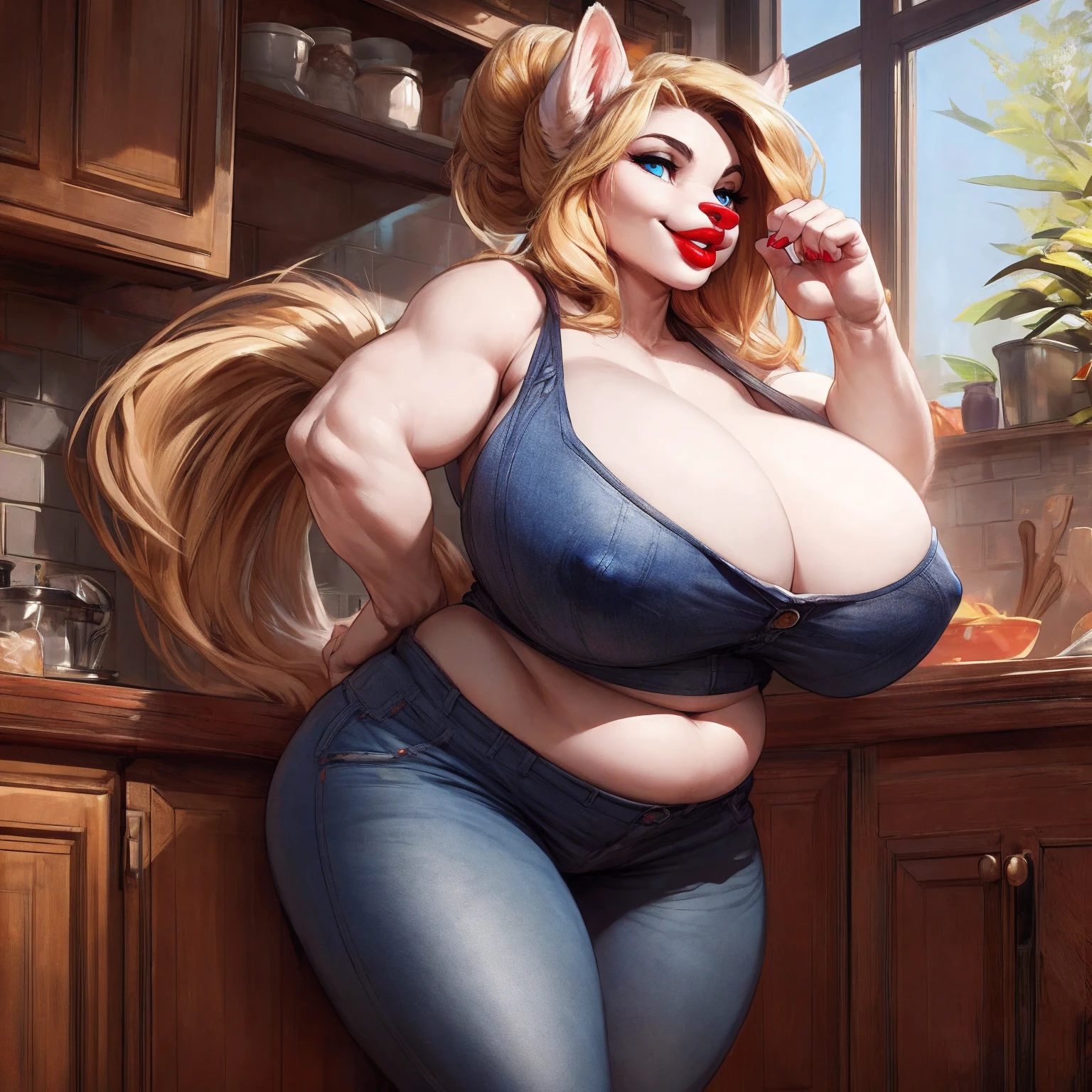 by darkgem, by boosterpang, by bng, soft figure, curvy, chubby, heavy, arctic fox, white fur, female, milf, older woman, furry body, wide body, short woman, shortstack, wide hips, thick thighs, big arms, (huge breasts:1.1), heavy breasts, nipple outline, pale blue eyes, highly detailed eyes, blonde hair, long hair, hair bun, milf, tank top, bare midriff, cleavage, large areolae, big lips, red lipstick, (low jeans:1.4), bare midriff, visible thong straps, Masterpiece, best quality, absurd res, highly detailed, cleanly drawn eyes, anthro only, kitchen environment, motherly smile, standing upright,