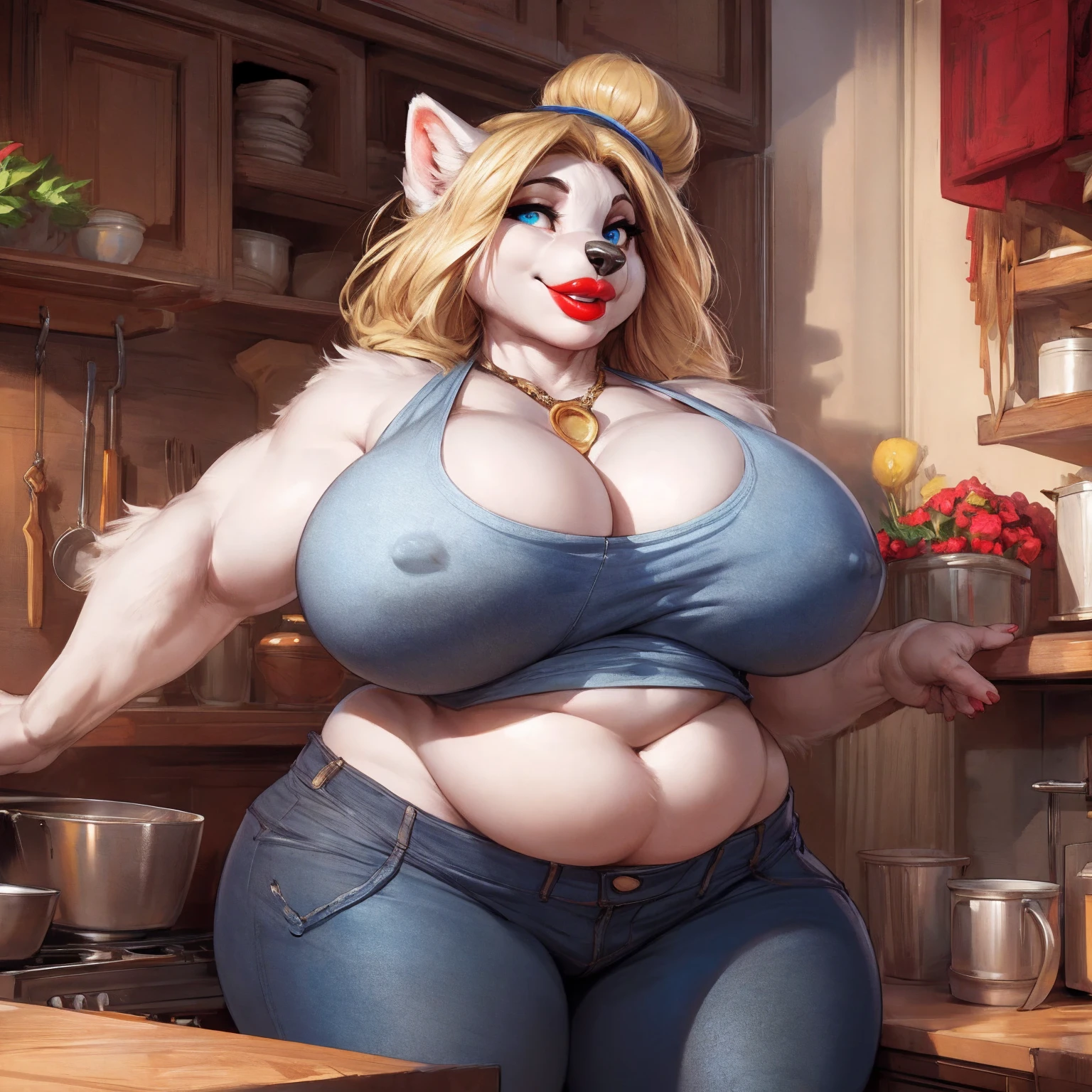 by darkgem, by boosterpang, by bng, soft figure, curvy, chubby, heavy, arctic fox, white fur, female, milf, older woman, furry body, wide body, short woman, shortstack, wide hips, thick thighs, big arms, (huge breasts:1.1), heavy breasts, nipple outline, pale blue eyes, highly detailed eyes, blonde hair, long hair, hair bun, milf, tank top, bare midriff, cleavage, large areolae, big lips, red lipstick, (low jeans:1.4), bare midriff, visible thong straps, Masterpiece, best quality, absurd res, highly detailed, cleanly drawn eyes, anthro only, kitchen environment, motherly smile, standing upright,