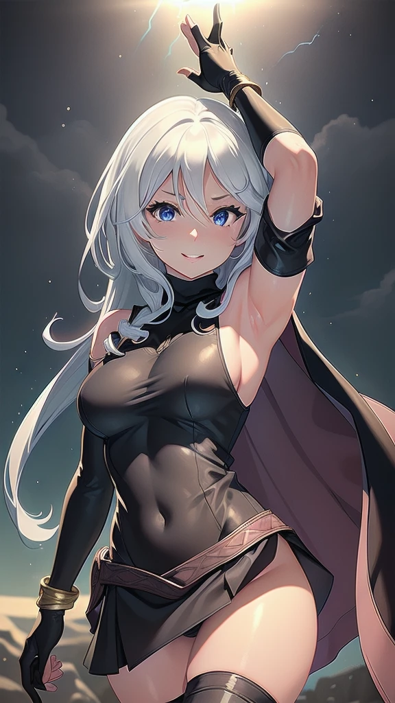 masterpiece, best quality, 1 solo girl, silver hair, blue eyes, long hair, medium breasts, sexy body and face, wavy hair, smile, parted lips, gradient clothes, dress, elbow gloves, sleeveless, bare shoulders, cape,boots, bracelet, sleeveless dress, ribbon, black gloves, turtleneck, short dress, pantyhose, black footwear, night, sexy pose, cowboy shots, detailed body, face, and eyes, sharp focus, vibrant, creative, dynamic, high definition, high resolution, 8k, (Upscale: R-ESRGAN 4x+ Anime6mage enchance:4x), voluptuous body, cinema lightning, dakimakura style, looking at the viewer,