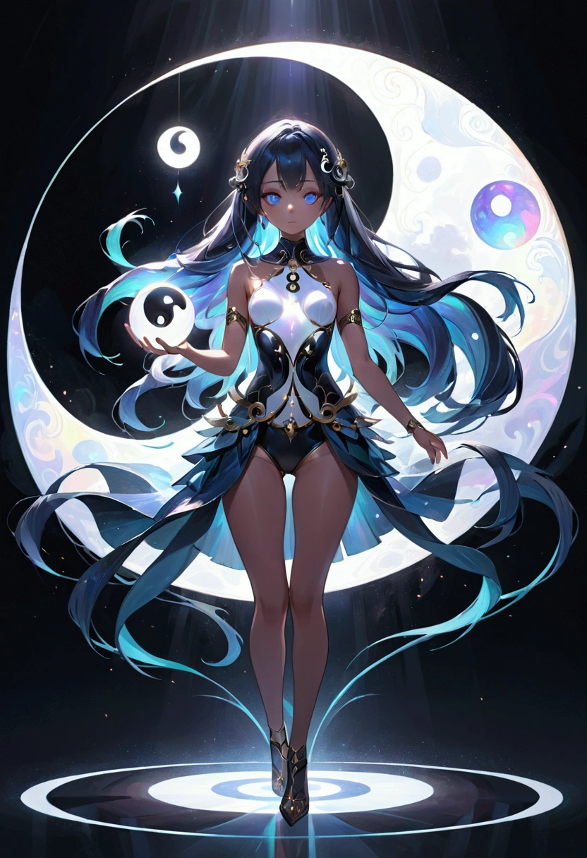 (masterpiece), best quality, expressive eyes, perfect face, Girl,long dark iridescent hair, iridescent eyes, small waist, small breast , large thighs,holding ying yang symbol, full view
