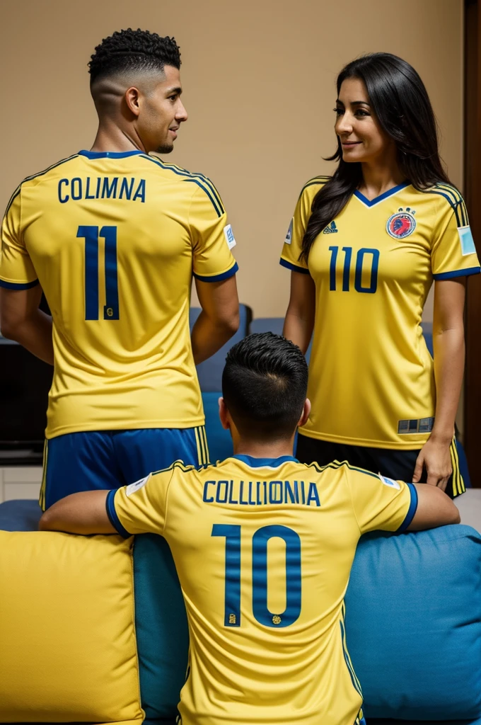 Personalize A couple of two people James, the wife Luisa with the yellow Colombia shirt With the number 10 on his back with the background of the room looking at the Colombia national team match and blue LED light I&#39;ll clarify they are a couple where the wife is Luisa and James Víctor Let them come out from behind and the names luisa and james Please with your hair tied up Personalized names luisa and james 