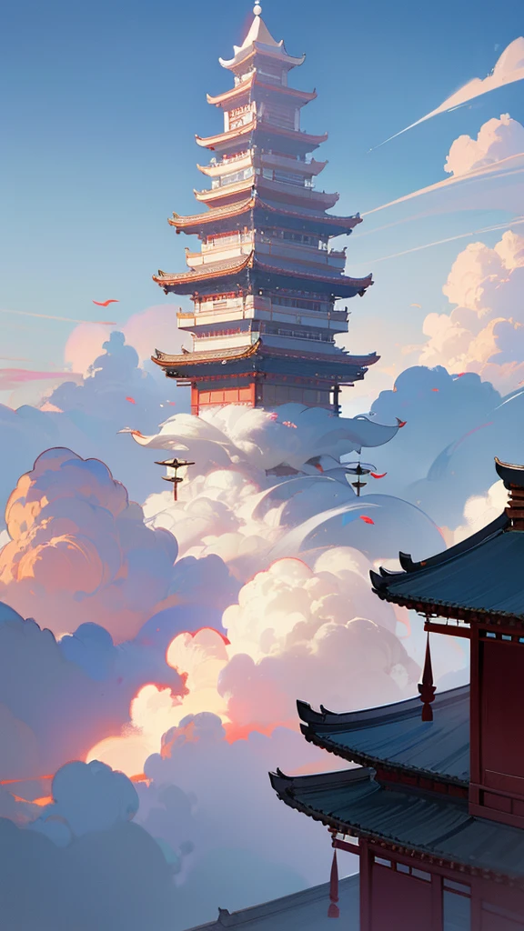 - The ancient and mysterious heaven，A magnificent Yue Lao Temple stands in it.。In front of the palace，A white cotton flower、Beautifully shaped auspicious clouds drift by。