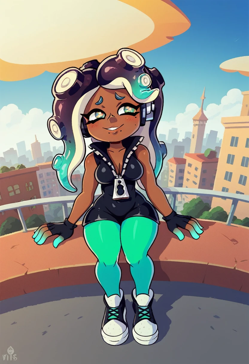 score9, score_8_above, score_7_above, showy, Vibrant, detailed background, dutch angle, from below, realist artists, beautiful, 1 girl, whole body, MARINA_(splatoon), splatoon_(series), 1 girl, Tentacle_Hair, yellow_eyes, vestido negro shinesnte, sleeveless, black gloves, Green leggings, black shoes, shy, half closed eyes, looking into the distance, sitting,  Mesa, has, Hair largo, seated, coffee shop, outdoor,City, street,public, clouds, City, street, Huge skyscrapers, shines, (very very big tits), (Wide hips), (king)