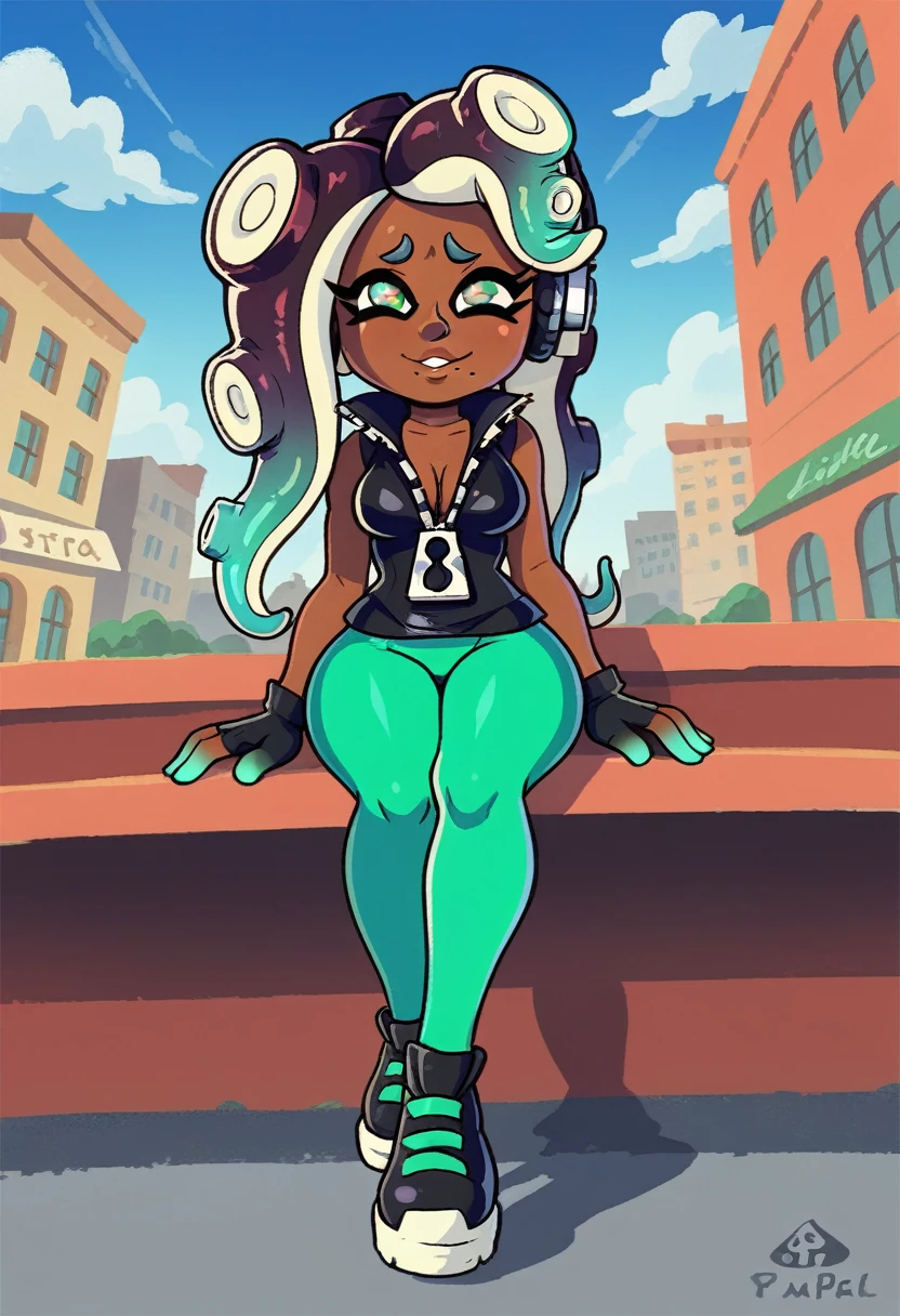 score9, score_8_above, score_7_above, showy, Vibrant, detailed background, dutch angle, from below, realist artists, beautiful, 1 girl, whole body, MARINA_(splatoon), splatoon_(series), 1 girl, Tentacle_Hair, yellow_eyes, vestido negro shinesnte, sleeveless, black gloves, Green leggings, black shoes, shy, half closed eyes, looking into the distance, sitting,  Mesa, has, Hair largo, seated, coffee shop, outdoor,City, street,public, clouds, City, street, Huge skyscrapers, shines, (very very big tits), (Wide hips), (king)