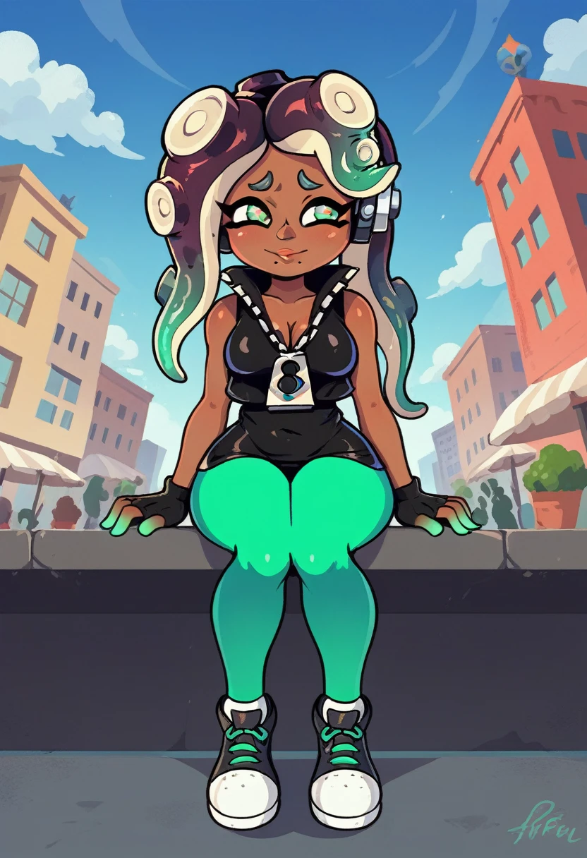 score9, score_8_above, score_7_above, showy, Vibrant, detailed background, dutch angle, from below, realist artists, beautiful, 1 girl, whole body, MARINA_(splatoon), splatoon_(series), 1 girl, Tentacle_Hair, yellow_eyes, vestido negro shinesnte, sleeveless, black gloves, Green leggings, black shoes, shy, half closed eyes, looking into the distance, sitting, Mesa, has, Hair largo, seated, coffee shop, outdoor,City, street,public, clouds, City, street, Huge skyscrapers, shines, (very very big tits), (Wide hips), (king)