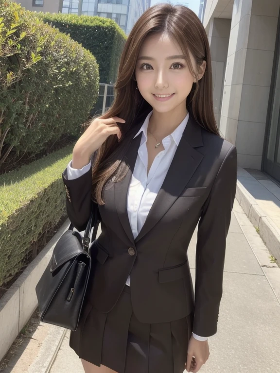 One Girl,Professional dress,Small Suits,shirt,Short skirt、Long brown hair,Esbian all over,In nature、noon,chest side,Walk from the front,Esbian all over,conservative professional attire,smile、