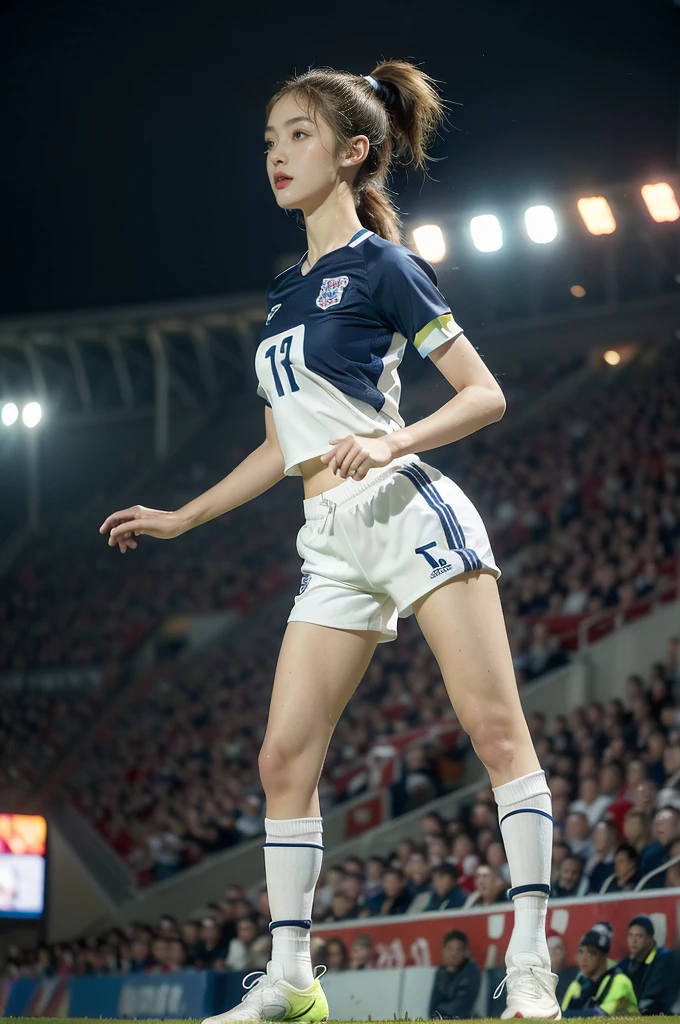 (((best quality))),(((ultra detailed))),(((masterpiece))),illustration,((1 beautiful girl,female footballer,solo)),((small breasts,flat chest)),((slim,thin)),summer night,stadium,crowded stands,enthusiastic spectators,football match,(short ponytail:1.2),(short sleeves:1.2),((England team kit,white shirt,Navy shorts)),(slender legs:1.2),(football:1.3),fluid movements,powerful,sweat,forehead,exhaustion,passion for football,purposeful running,electric atmosphere,crowd roar,critical juncture,pressure,undeterred,floodlights,luminous glow,long shadows,drama,breathtaking sight,raw passion,unbridled energy,determination,skill,embodiment of sport's spirit,strength,resilience of human spirit,(standing:1.3),((from front,full body))