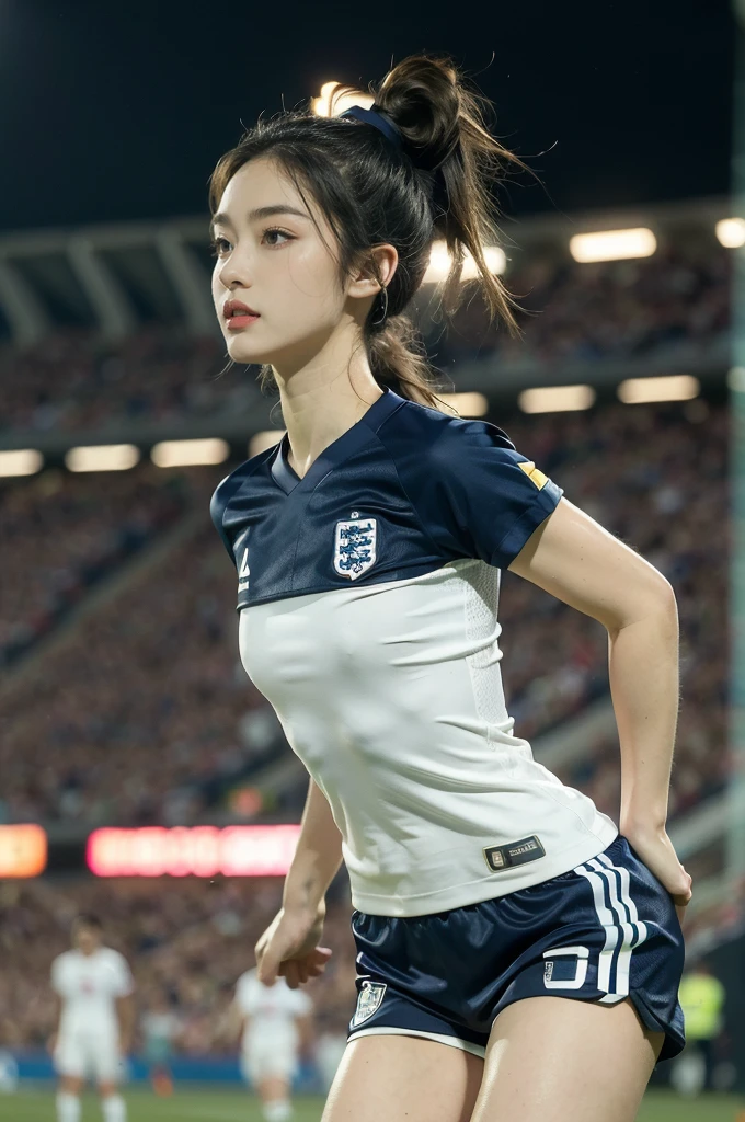 (((best quality))),(((ultra detailed))),(((masterpiece))),illustration,((1 beautiful girl,female footballer,solo)),((small breasts,flat chest)),((slim,thin)),summer night,stadium,crowded stands,enthusiastic spectators,football match,(short ponytail:1.2),(short sleeves:1.2),((England team kit,white shirt,Navy shorts)),(slender legs:1.2),(football:1.3),fluid movements,powerful,sweat,forehead,exhaustion,passion for football,purposeful running,electric atmosphere,crowd roar,critical juncture,pressure,undeterred,floodlights,luminous glow,long shadows,drama,breathtaking sight,raw passion,unbridled energy,determination,skill,embodiment of sport's spirit,strength,resilience of human spirit,(standing:1.3),((from front,full body))
