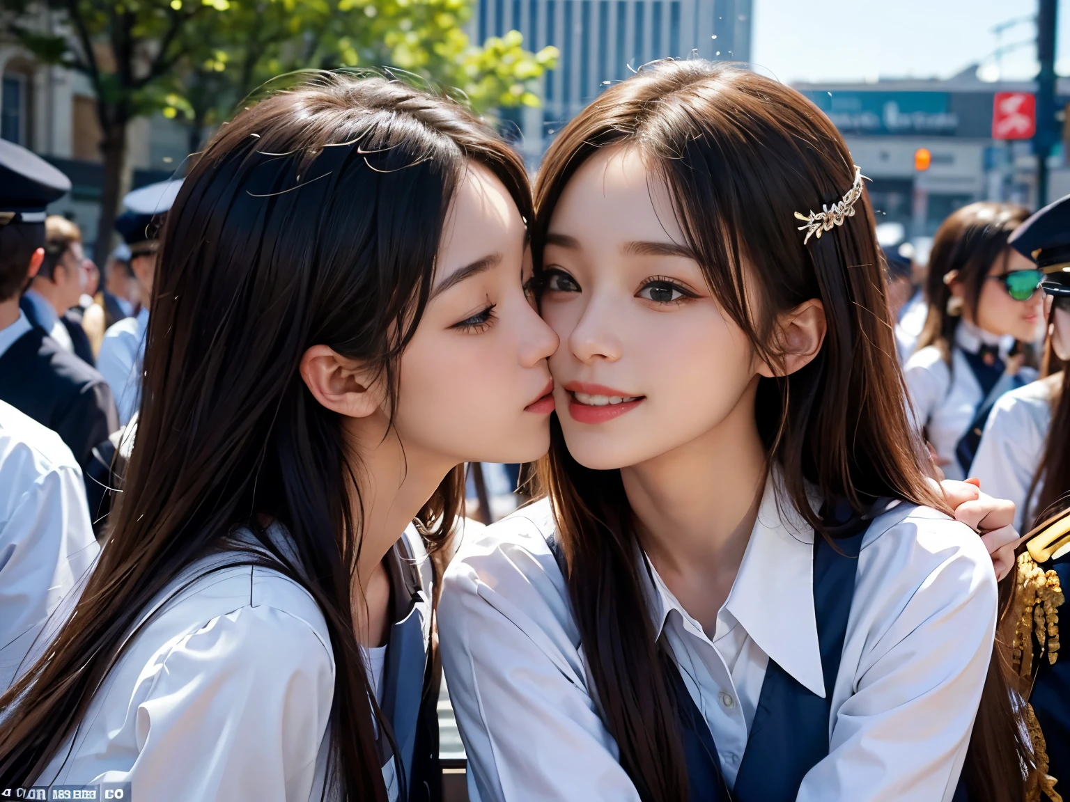 masterpiece, best quality, 2girls, kissing, smile, from side, outside, In front of a large crowd of men and women wearing uniforms