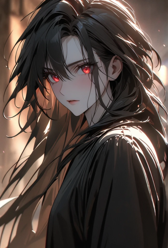 (solo), masculine, black hair, messy hair, mane hair, long hair, dense hair, wild hair, expressive hair, mature,(25 year old), pale skin, red eyes, ((man)), wearing a black dress shirt, serious, handsome, attractive, eye reflection, depth of field, thunder aura,cinematic lighting, ray tracing, depth of field, cinematic lighting, ray tracing, UHD, high details, best quality, highres, high quality, award winning, super detail, masterpiece, 8k, UHD, high details, best quality, highres, high quality, award winning, super detail, masterpiece, 8k, digital art, anime coloring, body shot, good face, perfect face, detailed face, good eyes, facing foward