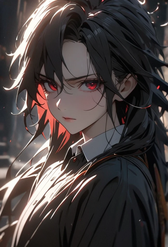 (solo), masculine, black hair, messy hair, mane hair, long hair, dense hair, wild hair, expressive hair, mature,(25 year old), pale skin, red eyes, ((man)), wearing a black dress shirt, serious, handsome, attractive, eye reflection, depth of field, thunder aura,cinematic lighting, ray tracing, depth of field, cinematic lighting, ray tracing, UHD, high details, best quality, highres, high quality, award winning, super detail, masterpiece, 8k, UHD, high details, best quality, highres, high quality, award winning, super detail, masterpiece, 8k, digital art, anime coloring, body shot, good face, perfect face, detailed face, good eyes, facing foward