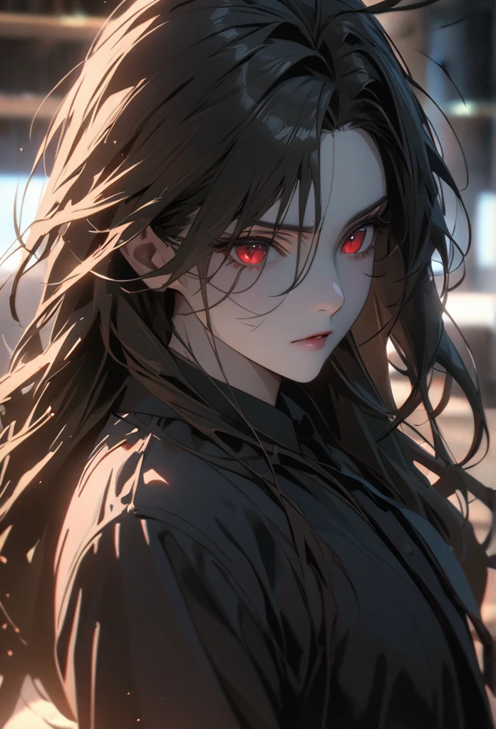 (solo), masculine, black hair, messy hair, mane hair, long hair, dense hair, wild hair, expressive hair, mature,(25 year old), pale skin, red eyes, ((man)), wearing a black dress shirt, serious, handsome, attractive, eye reflection, depth of field, thunder aura,cinematic lighting, ray tracing, depth of field, cinematic lighting, ray tracing, UHD, high details, best quality, highres, high quality, award winning, super detail, masterpiece, 8k, UHD, high details, best quality, highres, high quality, award winning, super detail, masterpiece, 8k, digital art, anime coloring, body shot, good face, perfect face, detailed face, good eyes, facing foward