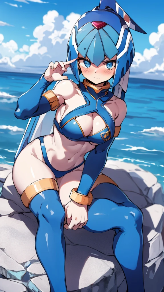 Leviathan_Megamanz, 1 Girl ,Looking at the viewer , blue hair, Blue eyes,Clouds background , Blushed , , Wedding ring, Glasses, Sitting on top of a rock , Blue Micro bikini 