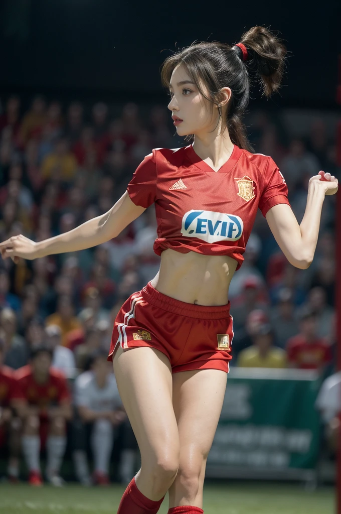 (((best quality))), (((ultra detailed))), (((masterpiece))), illustration,(a beautiful girl,female footballer,solo),(short ponytail:1.2),Spanish team,(short sleeves:1.2),((red jersey, blue shorts)),((slim,thin)),((small breasts,flat chest))),(slender legs:1.2),(football:1.3),determination, agility, passion, dedication, energetic crowd, vibrant atmosphere, electric, invigorating, chaotic, aggressive movements, powerful kicks, elegance, composure, intensity, sports, moment, perseverance, stands, packed stands, enthusiastic fans, roaring, supportive, cheering, chanting, sheen of sweat, skillful, dynamic, picturesque, atmospheric, action-packed, dramatic, realistic,adium, night game, stadium lighting, passionate player, focus, determination, talent, artistry, movement, speed, grace,(standing:1.3),((from front,full body)),(night scene:1.3)