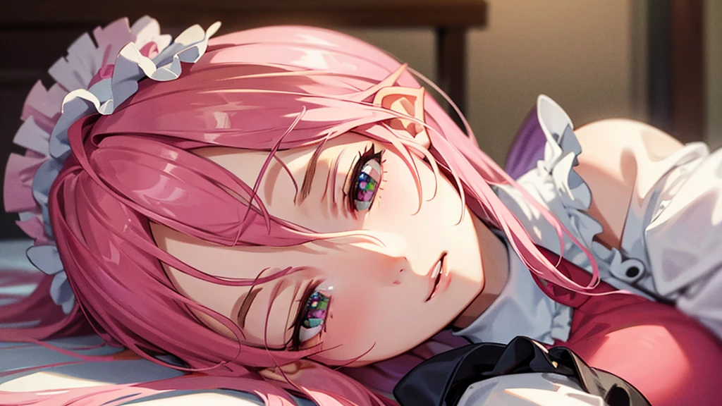 Pink Hair Color Elf beautiful girl Face close-up Maid clothes