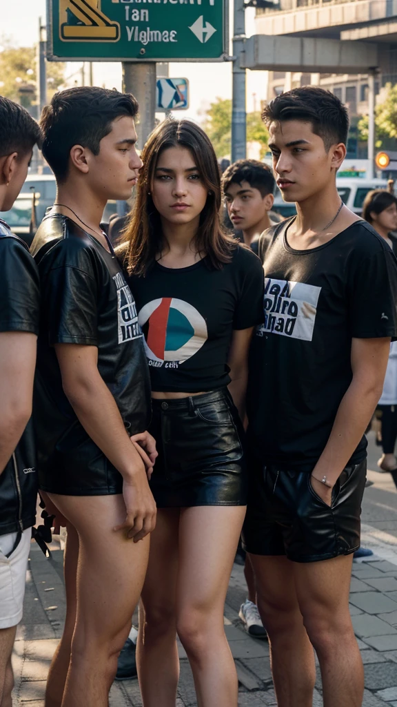 masterpiece. close-up: a group of -yeld stdressed in t-shirts and leather , with shaved legs, are queuing to board a bus at an urban stop. background a street of a city, with its traffic, its signs, traffic lights,... Maximum details. evening light photographic quality