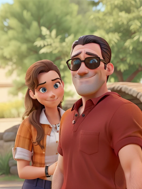 Jon Hamm dressed in an orange shirt and black pants, smiling and pointing to the side with the index finger