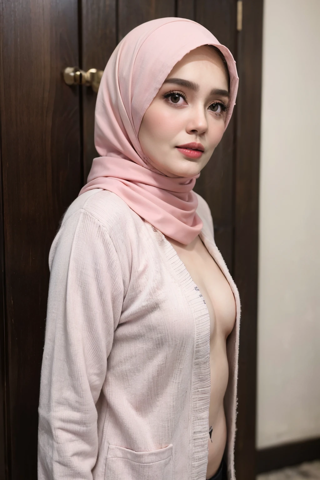 ((Pink Lips)), Coats Medium body portrait, ((Hijab Stylish)), HALIMAH'S MOTHER IS 85 YEARS OLD HER BODY IS VERY FAT & NUDE AT A DARK NIGHT PLACE, Ultra High Res. realistic: 1.4, UHD, lace , very flat chest, half body portrait , skinny my body, view from side seductive pose , (old lady:1.3)