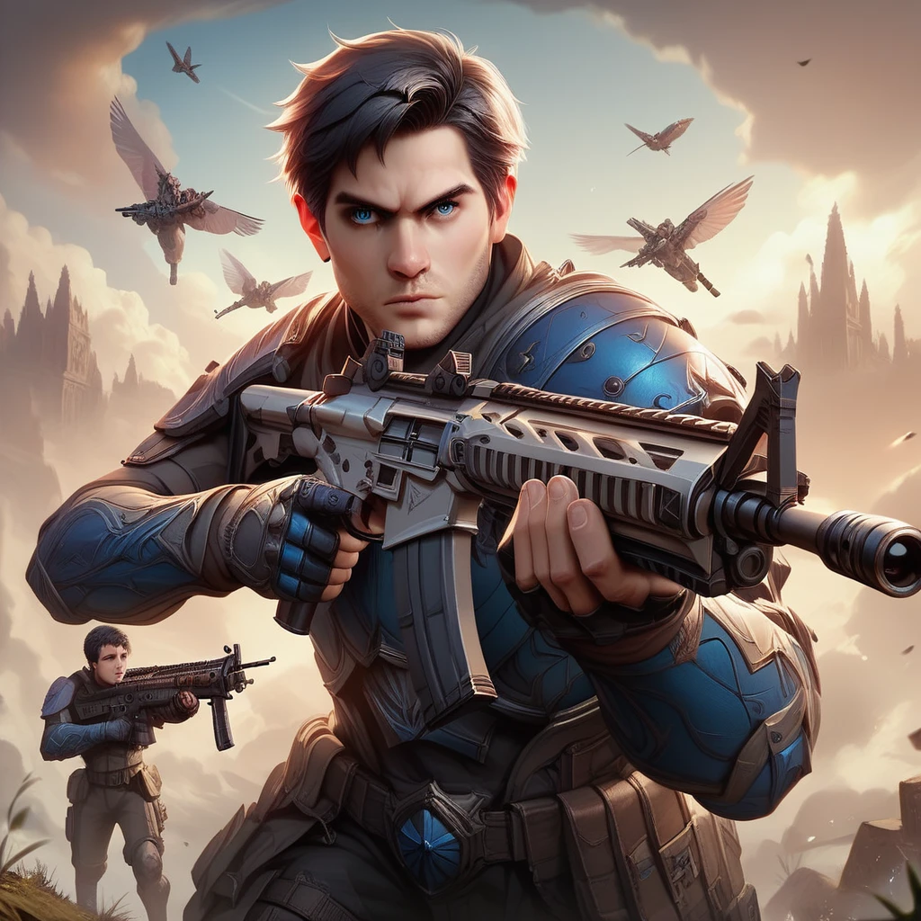 Masterpiece, best quality, realistic, ((1 man)), adult man,black short hair,Short hair Quiff Hairstyles,blue eyes,Bulletproof armor, Gunman aiming gun,holding an assault rifle (AK102), 