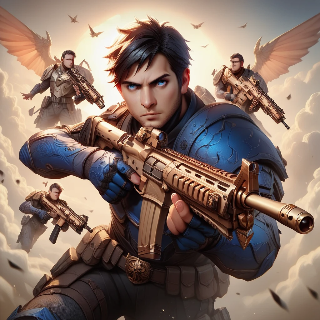 Masterpiece, best quality, realistic, ((1 man)), adult man,black short hair,Short hair Quiff Hairstyles,blue eyes,Bulletproof armor, Gunman aiming gun,holding an assault rifle (AK102), 