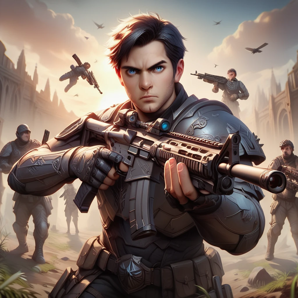 Masterpiece, best quality, realistic, ((1 man)), adult man,black short hair,Short hair Quiff Hairstyles,blue eyes,Bulletproof armor, Gunman aiming gun,holding an assault rifle (AK102), 