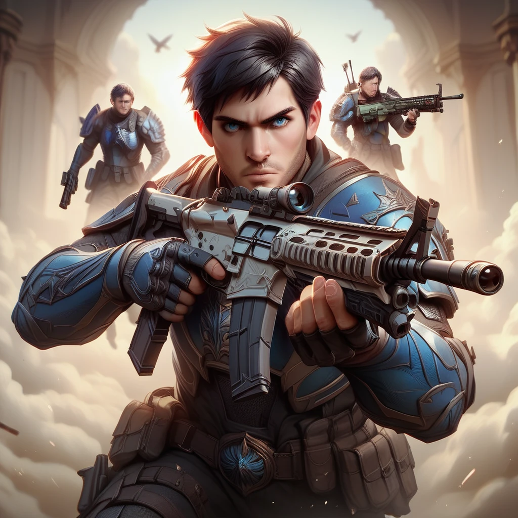 Masterpiece, best quality, realistic, ((1 man)), adult man,black short hair,Short hair Quiff Hairstyles,blue eyes,Bulletproof armor, Gunman aiming gun,holding an assault rifle (AK102),