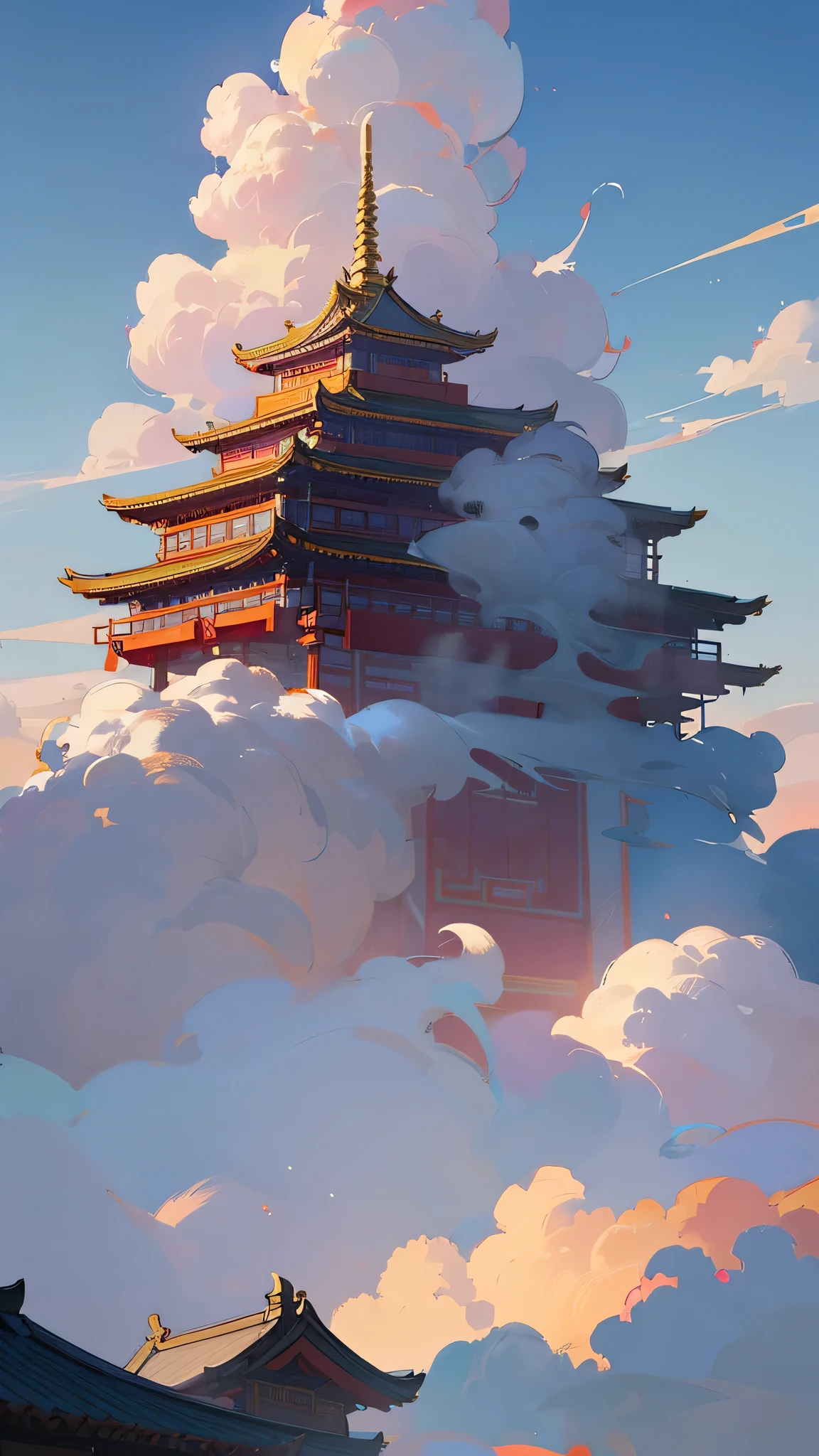 - The ancient and mysterious heaven,A magnificent Yue Lao Temple stands in it.。In front of the palace,A white cotton flower、Beautifully shaped auspicious clouds drift by。