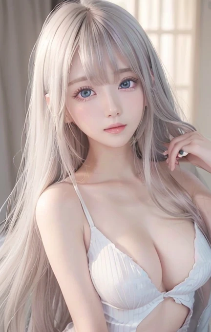 silver shiny hair, super long straight silky hair, dazzling blonde super long silky hair, cute little beautiful face of , beautiful girl, sparkling blonde dancing in front of her cute face, long silky bangs covering the space between her eyes, very beautiful, bright, large, bright blue eyes, very big eyes, hair hiding her face, sexy cute young woman with super long bangs, very white skin, cheek gloss highlighter, small beautiful face, round face, ample bust, nipples, embarrassed face, Light pink small nipples