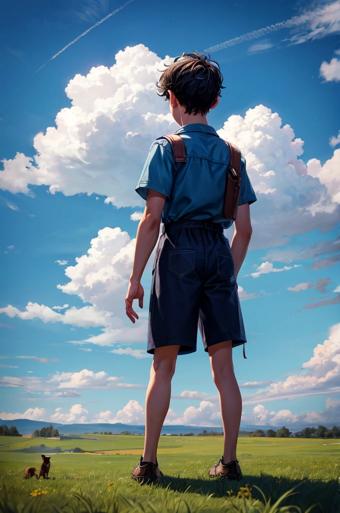 a boy standing on grass landscape with dog watching beautiful huge sky in front of him, camera view from backside from far, detailed boy, detailed dog, detailed sky, detailed grass, best quality, highly detailed, masterpiece, 8k scene.