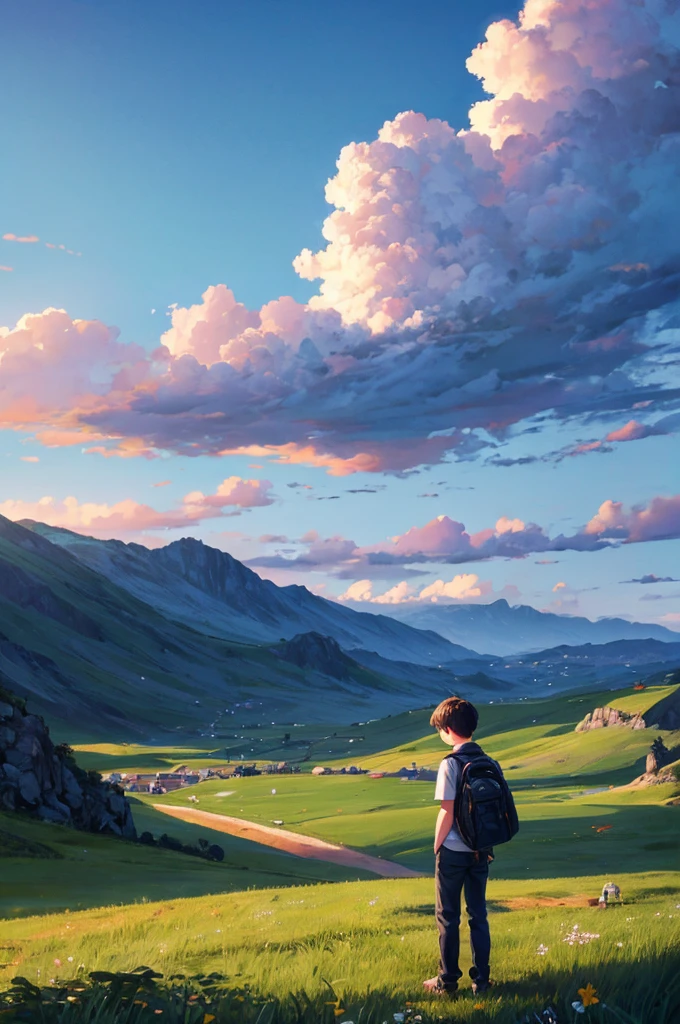 a boy standing on grass landscape with dog watching beautiful huge sky in front of him, camera view from backside from far, detailed boy, detailed dog, detailed sky, detailed grass, best quality, highly detailed, masterpiece, 8k scene.