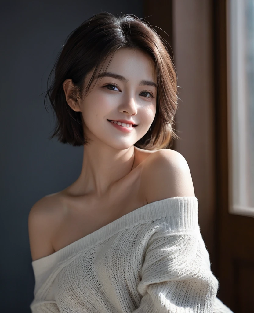 Best quality,masterpiece,Ultra-high resolution,(Realism:1.5),Original photo,1 Girl,Off-shoulder tops,Chest to shoulders,Big breasts in the dark,Deep Shadows,Low profile,Openwork sweater,Cold Light,Attractive appearance,short hair,photo,Smile