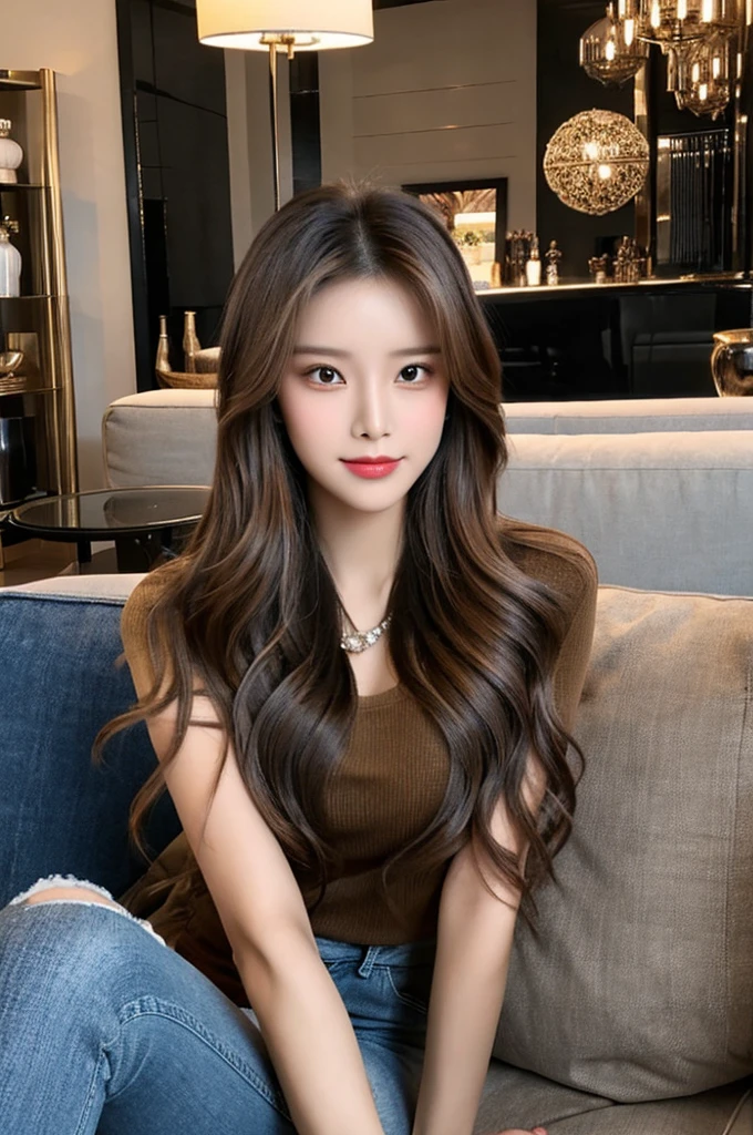 Generate an image of a stunning 20-year-old Asian woman with beauty akin to a goddess of the fire element. She has big brown eyes, dark brown hair, glowing skin, and an attractive appearance. She is wearing a beautiful top paired with blue skinny jeans. The woman is sitting sweetly on a living room sofa, her posture relaxed and inviting, surrounded by cozy and elegant decor.